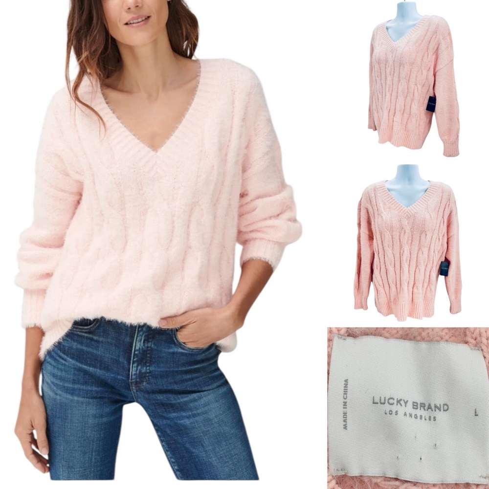 Lucky Brand Plush Pink V-Neck Pullover Sz. L NWT